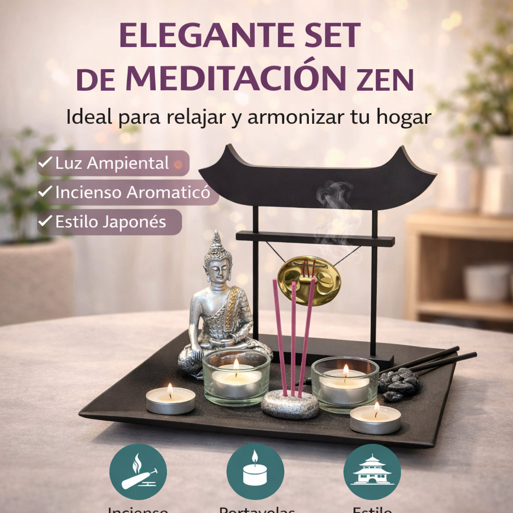 Set decorativo zen con incienso, velas y gong