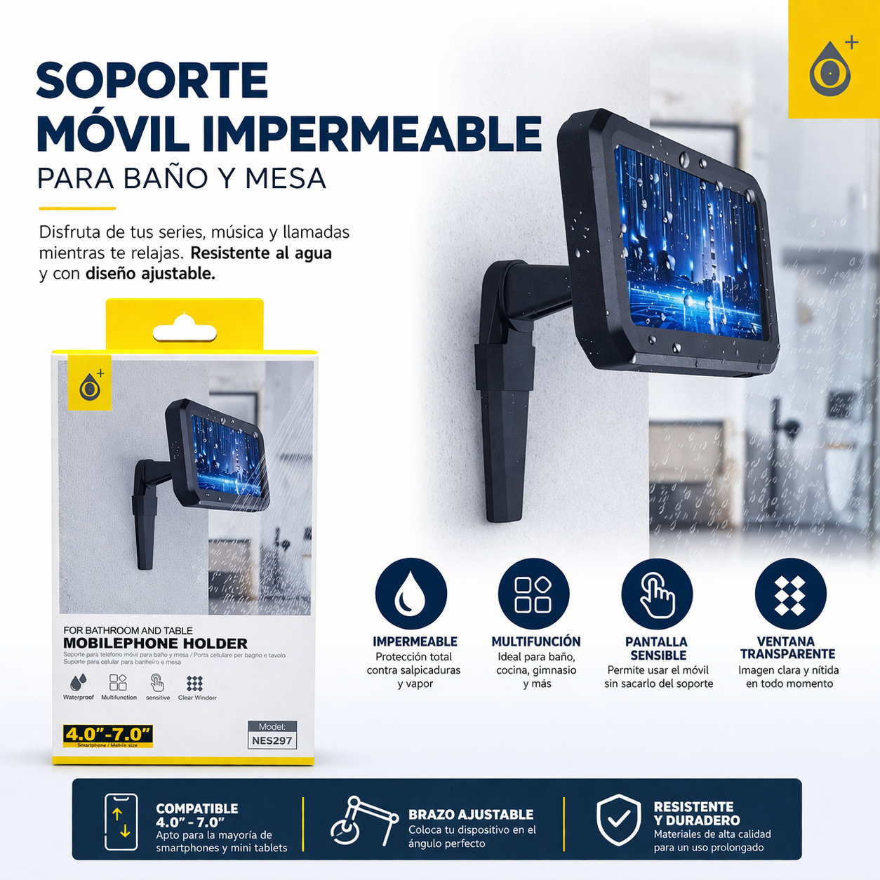 Soporte de móvil impermeable para baño y pared NE5297
